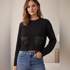 NWOT Anthropologie Cropped Black Sweater with Satin Front Pockets